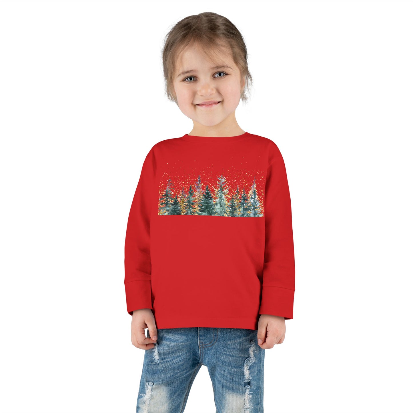 Toddler Long Sleeve Tee — Watercolor Pine Forest Kids Shirt (Woodland Nature Design)