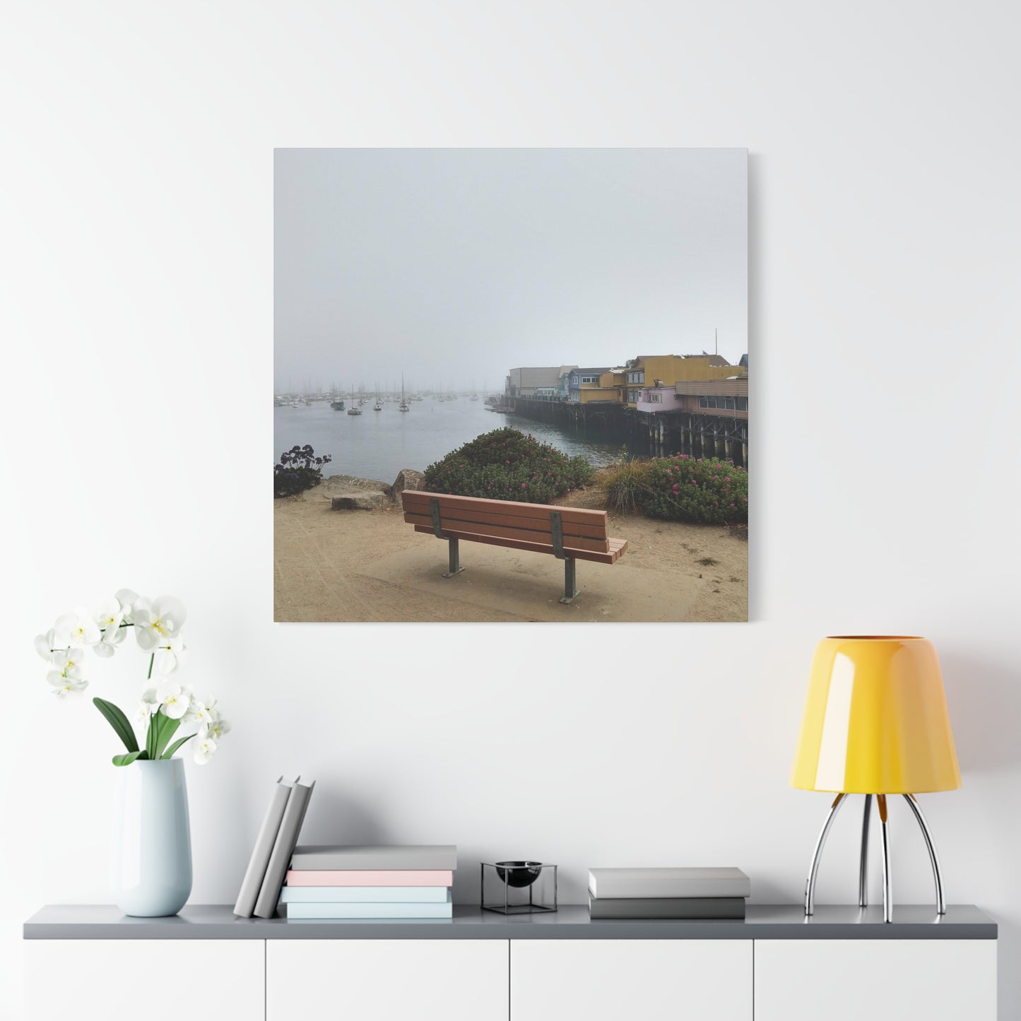 Stretched Canvas Art, Wall Decor, Coastal Landscape, Modern Home Decor, Gift for Beach Lovers, Nautical Decor, Foggy Harbor Scene