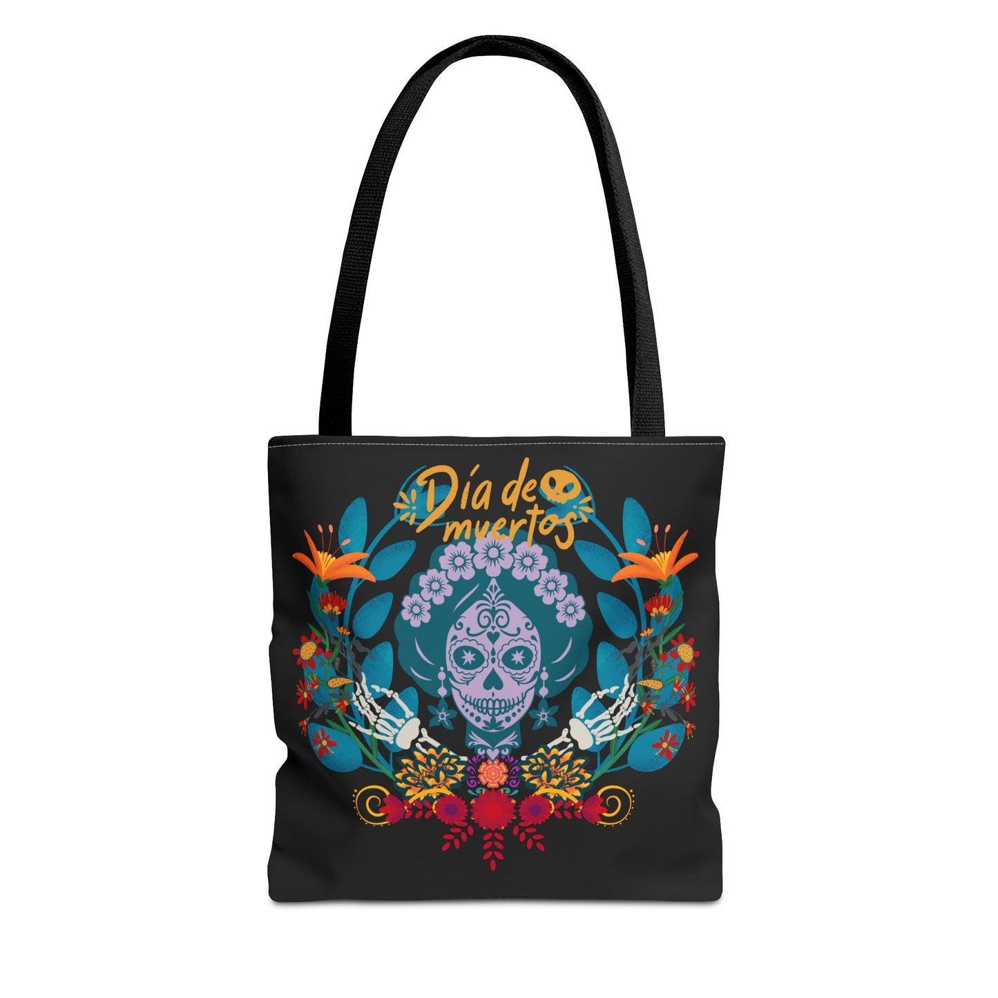 Dia de Muertos Tote Bag, Halloween Gift, Floral Skull Bag, AOP Grocery Tote, Eco-Friendly Shopper