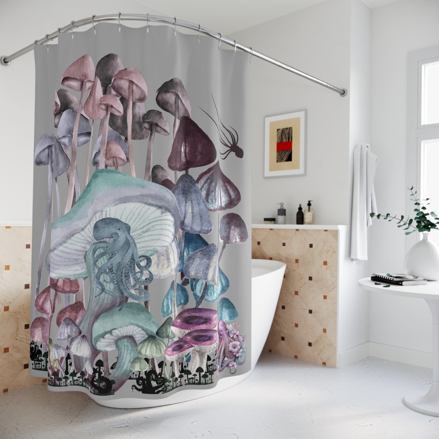 Whimsical Octopus Mushroom Garden Shower Curtain, Bathroom Decor, Unique Gift, Nature-Inspired Design, Aesthetic Home Accent