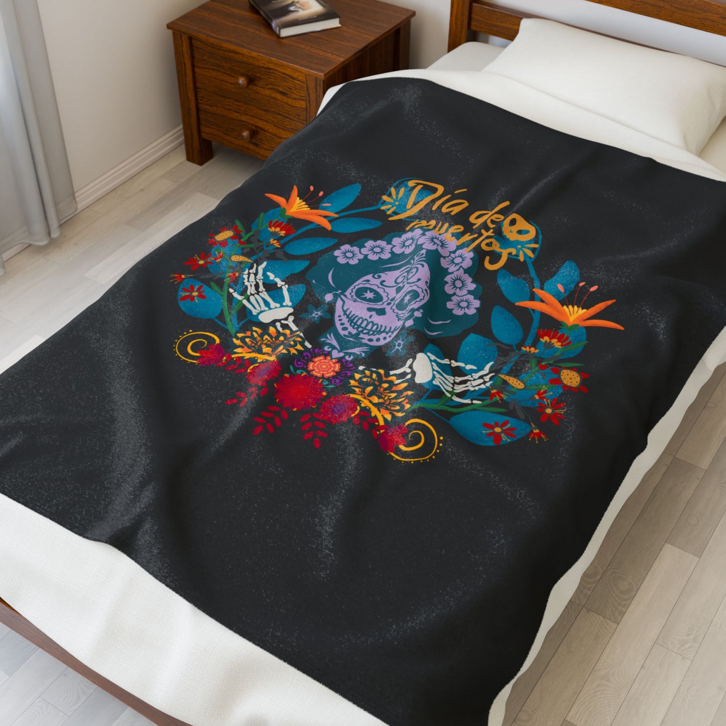 Dia de Muertos Velveteen Plush Blanket, Cozy Throw for Home Decor, Halloween Blanket, All-Season Comfort, Cultural Celebration