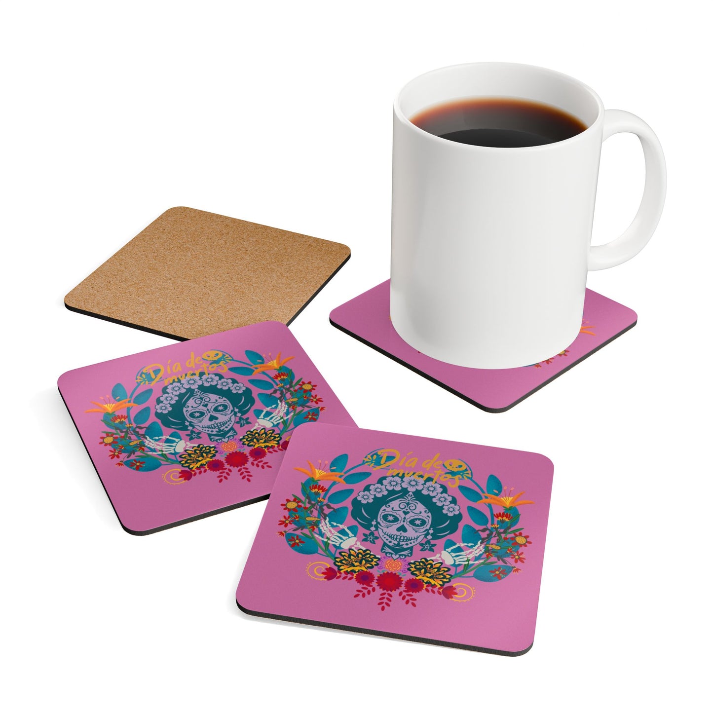 Dia de los Muertos - pink Corkwood Coaster Set