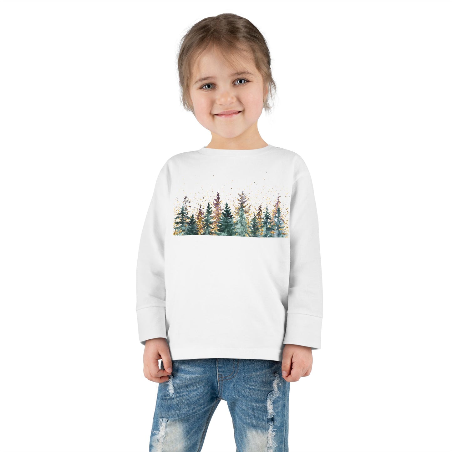 Toddler Long Sleeve Tee — Watercolor Pine Forest Kids Shirt (Woodland Nature Design)