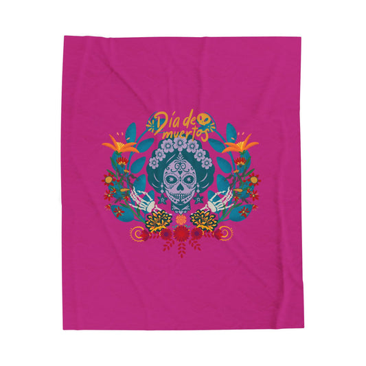 Día de Muertos Velveteen Plush Blanket, Colorful Skull Design for Cozy Home Decor, Halloween, Celebration, Gift Idea