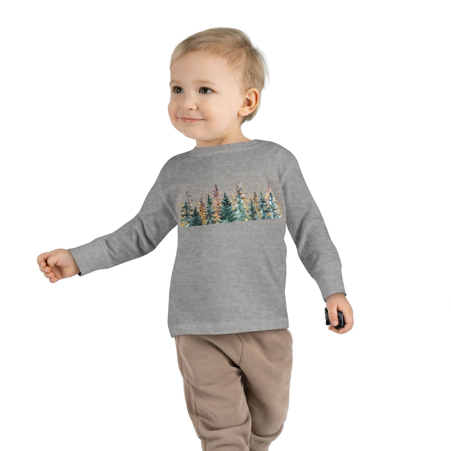 Toddler Long Sleeve Tee — Watercolor Pine Forest Kids Shirt (Woodland Nature Design)