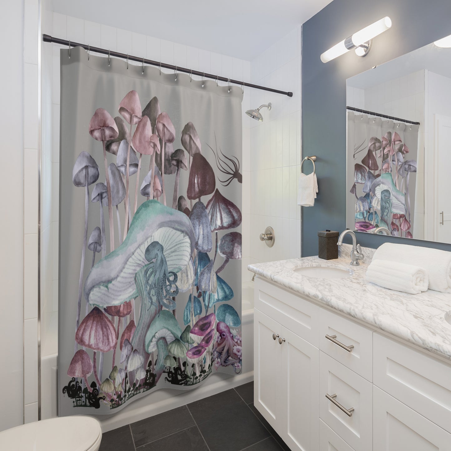 Whimsical Octopus Mushroom Garden Shower Curtain, Bathroom Decor, Unique Gift, Nature-Inspired Design, Aesthetic Home Accent