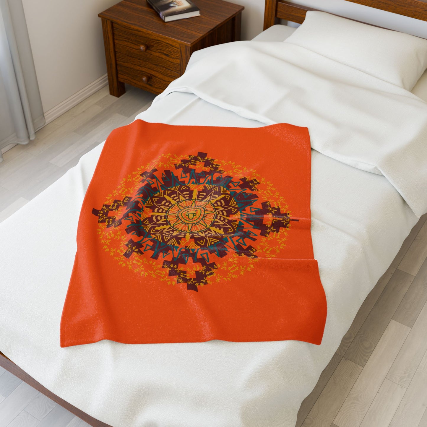 Cozy Aztec/Mayan Calendar Inspired Mandala Velveteen Plush Blanket, Warm Throw Blanket, Home Decor, Gift for Her, Meditation Accessories, Boho Home