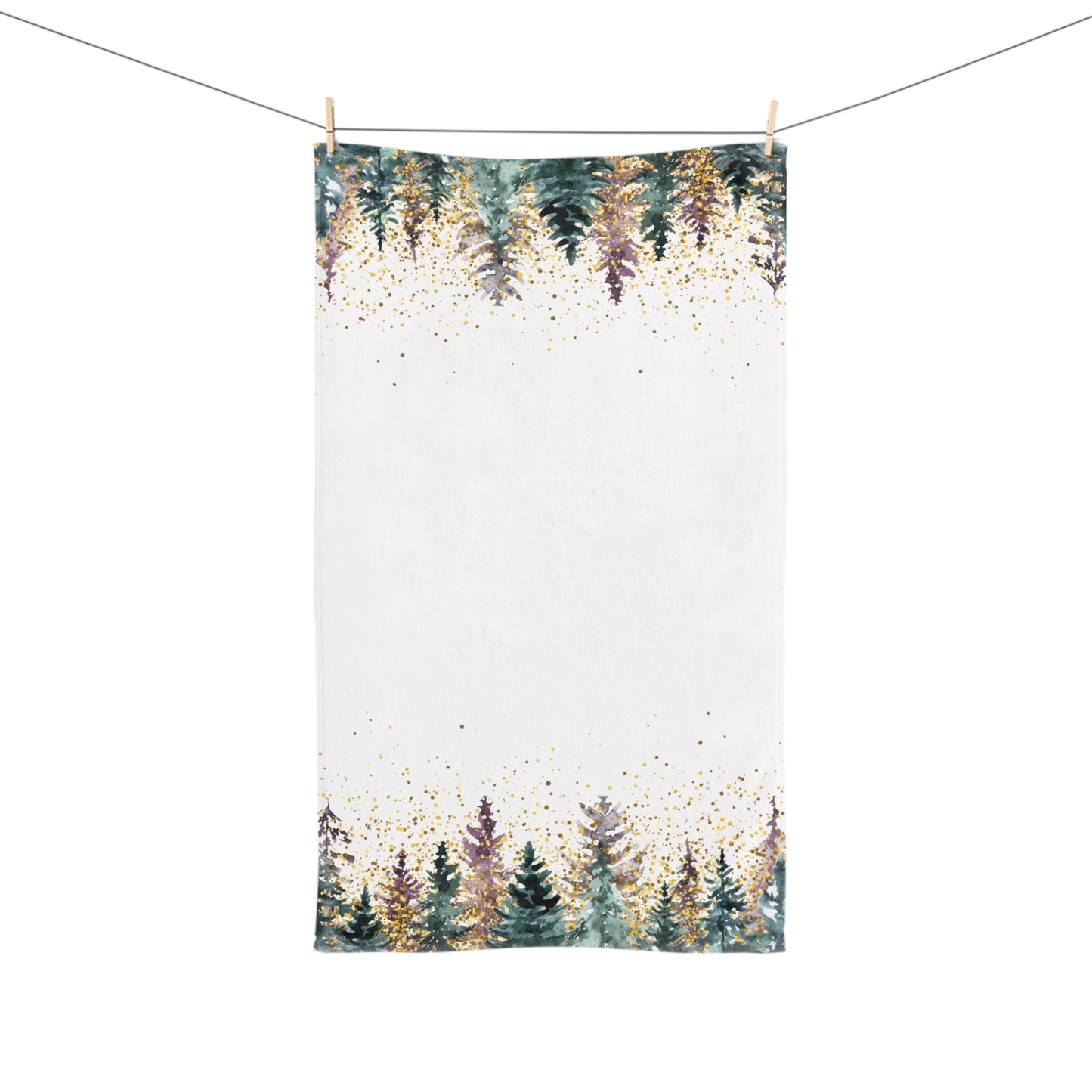 Woodland Pines Hand Towel — Watercolor Evergreen Forest with Gold Speckle