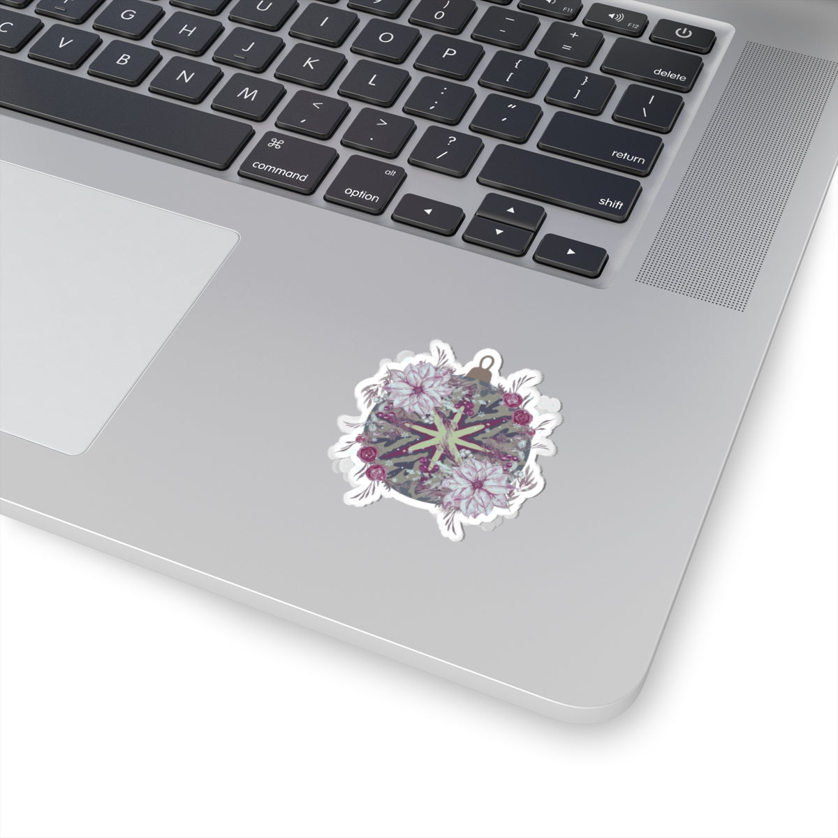 Floral Ornament Kiss-Cut Sticker — Vintage Poinsettia & Berries Laptop Decal