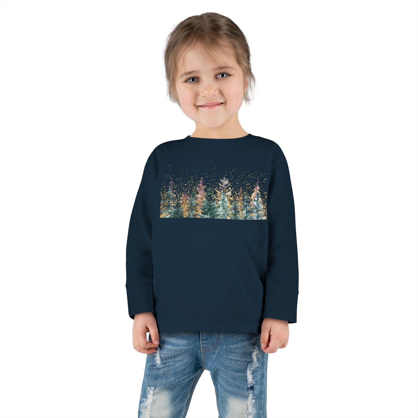 Toddler Long Sleeve Tee — Watercolor Pine Forest Kids Shirt (Woodland Nature Design)