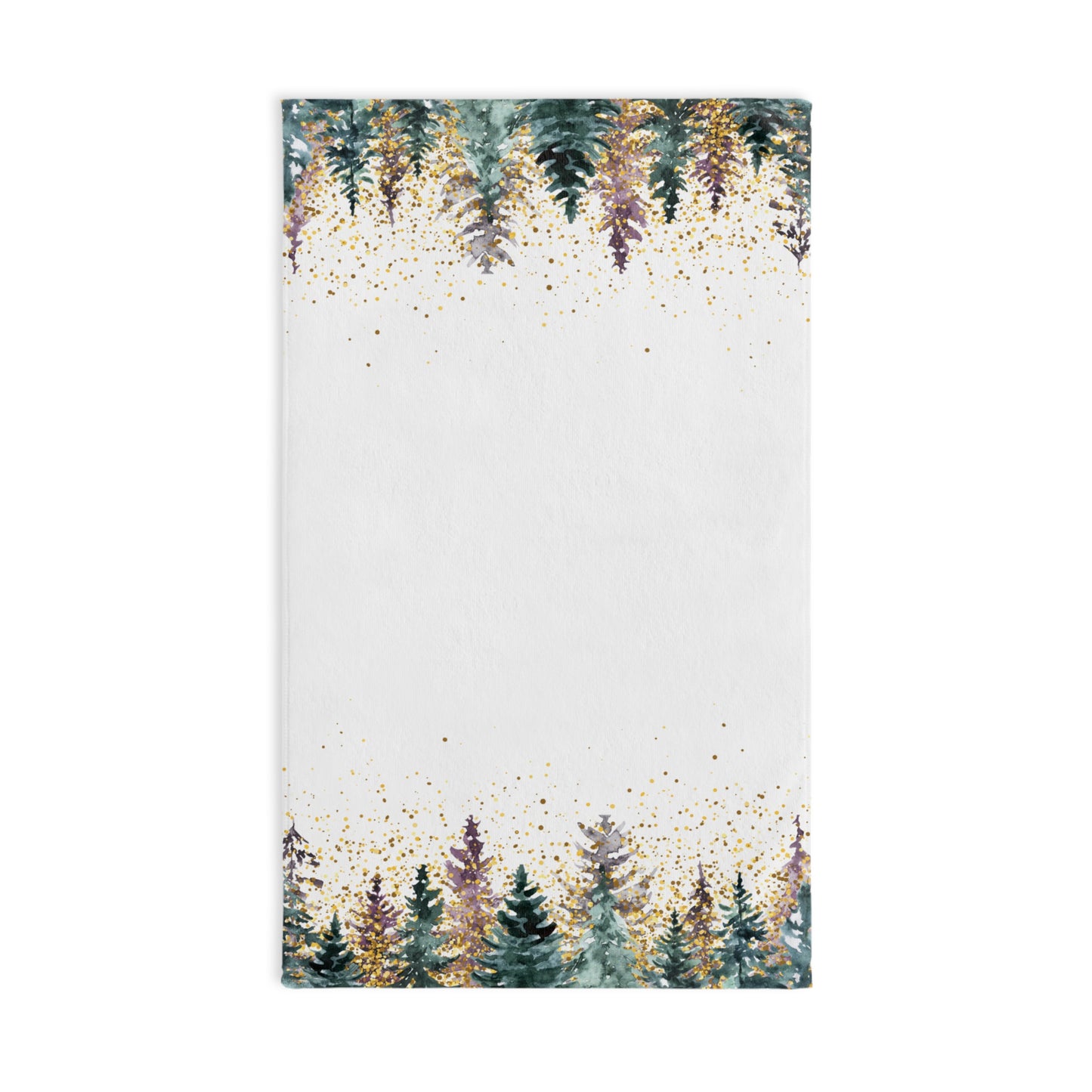 Woodland Pines Hand Towel — Watercolor Evergreen Forest with Gold Speckle
