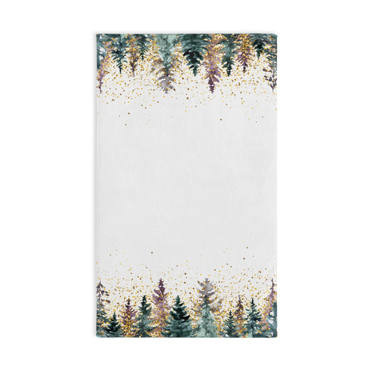 Woodland Pines Hand Towel — Watercolor Evergreen Forest with Gold Speckle