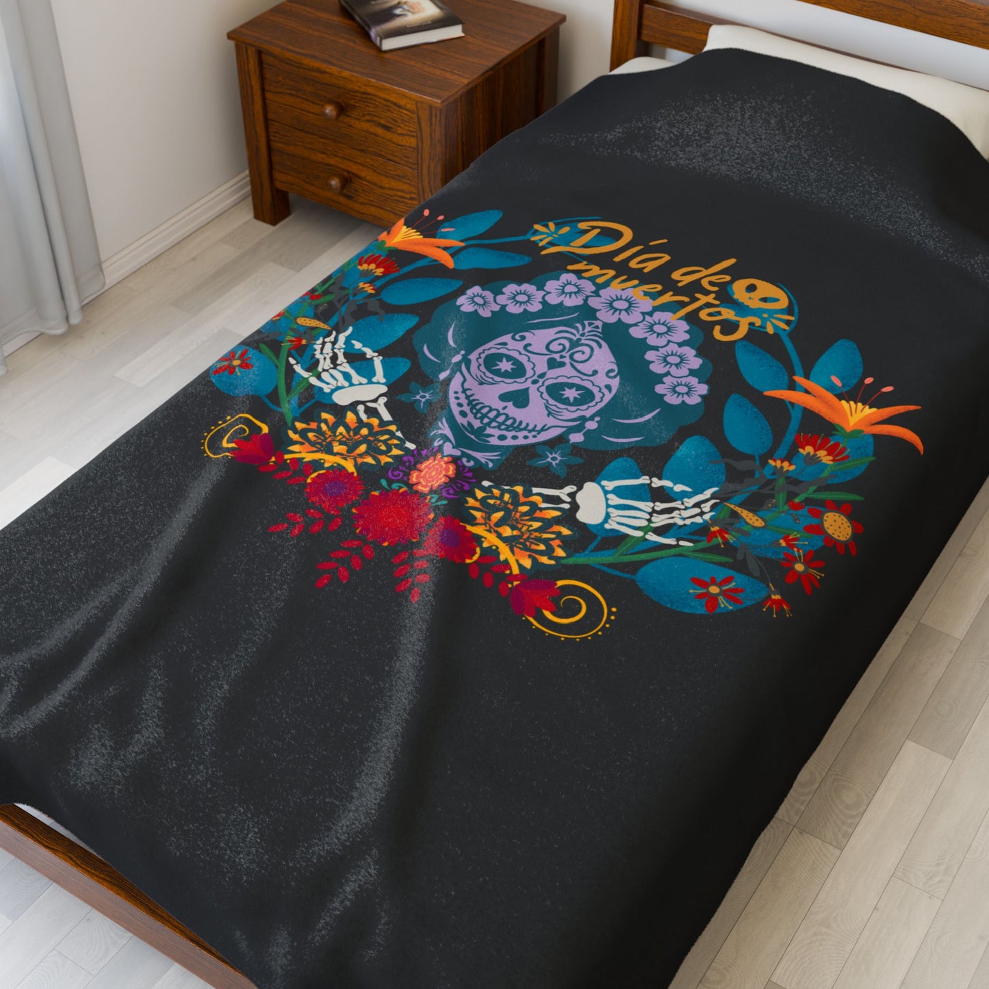 Dia de Muertos Velveteen Plush Blanket, Cozy Throw for Home Decor, Halloween Blanket, All-Season Comfort, Cultural Celebration
